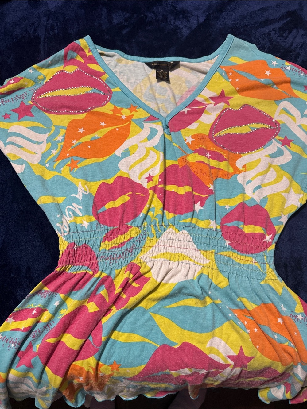 VINTAGE RocaWear Colorful Lip Print Peplum Top - Blue, Pink, Orange Women’s M/L